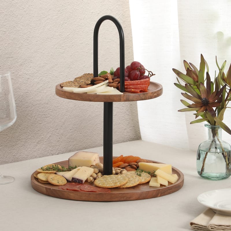 Gibson Home Gracious Dining 2-Tier Round Acacia Wood Serving Tray - 12" x 12" x 13.5"