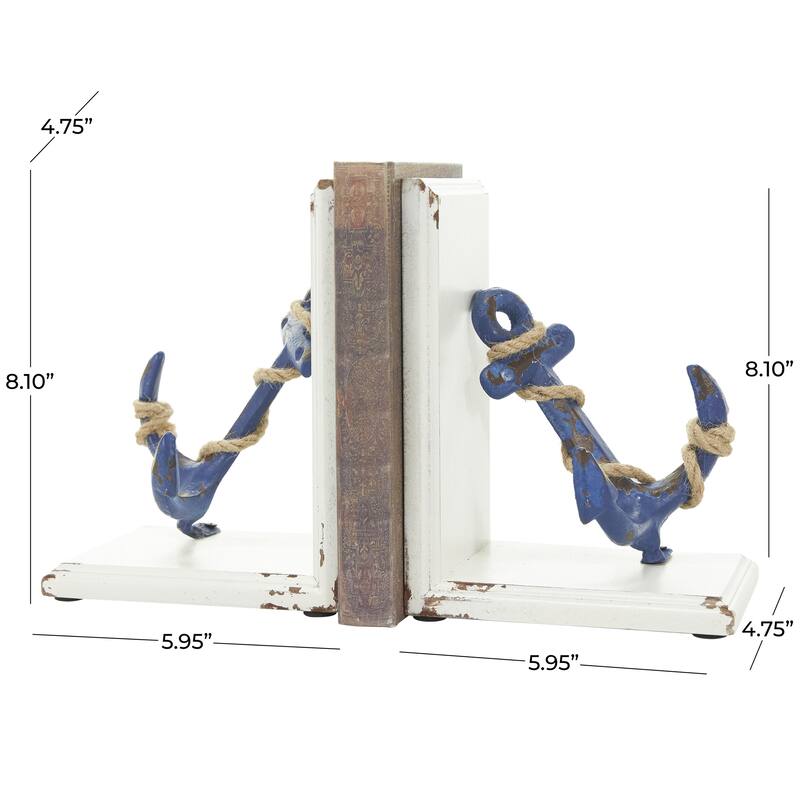 Wood Anchor Distressed Decorative Bookends with Rope Accents and White Wood Stands - Set of 2 Blue - Roche River Decor