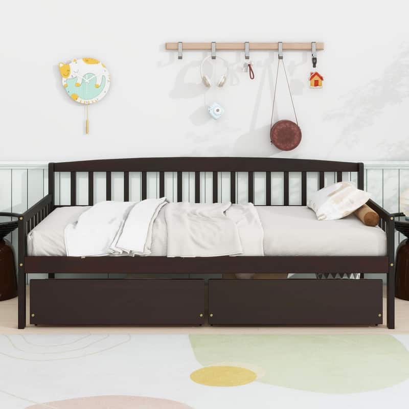 Twin Size Pine Wood Daybed with two Storage Drawers