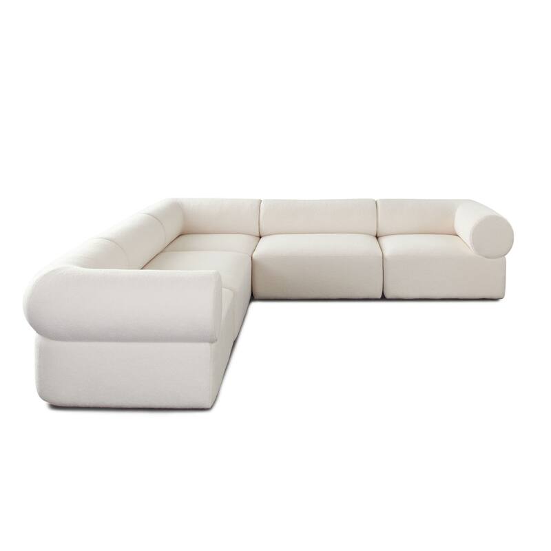 Zey 5pc Modular Corner L Sectional Sofa, Ivory Sherpa Fabric, 120 Inch