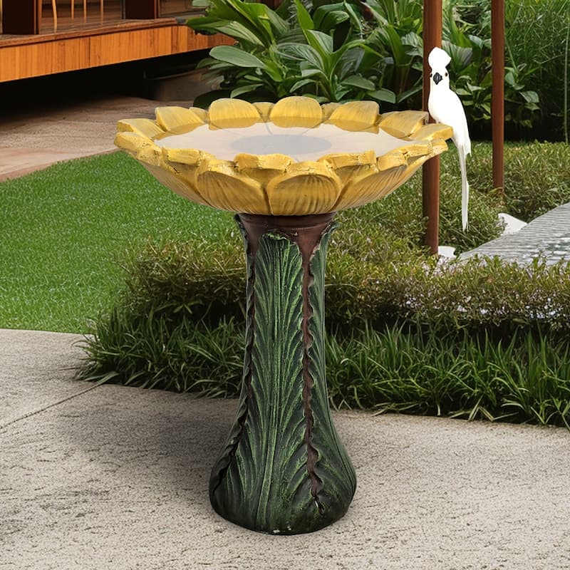 24.4-in Outdoor Sunflower Bird Bath - Concrete Bird Bath with Pedestal - Green/Yellow