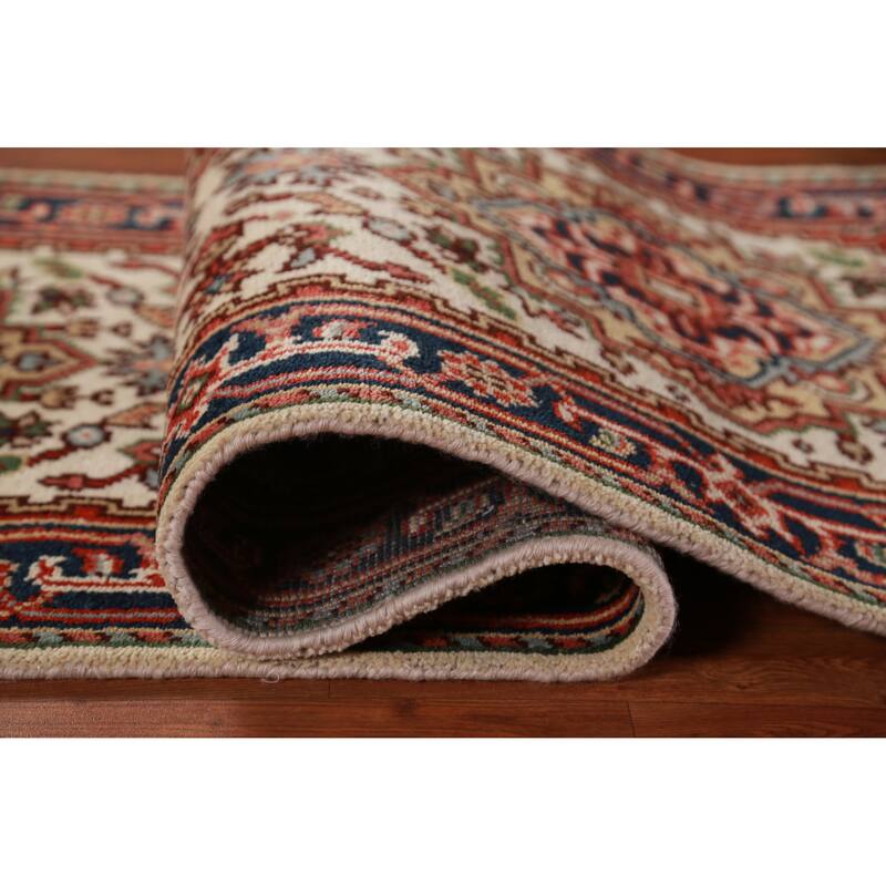 Hand Knotted Oriental 100% Wool Carpet Traditional Geometric Beige & Ivories Heriz (serapi) Runner Rug - 7' 10'' X 2' 7''