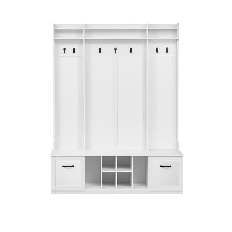 5-in-1 Entryway Bench with Coat Rack, 7 Sturdy Hooks, Adjustable Shelves, Drawers, and Metal Handles