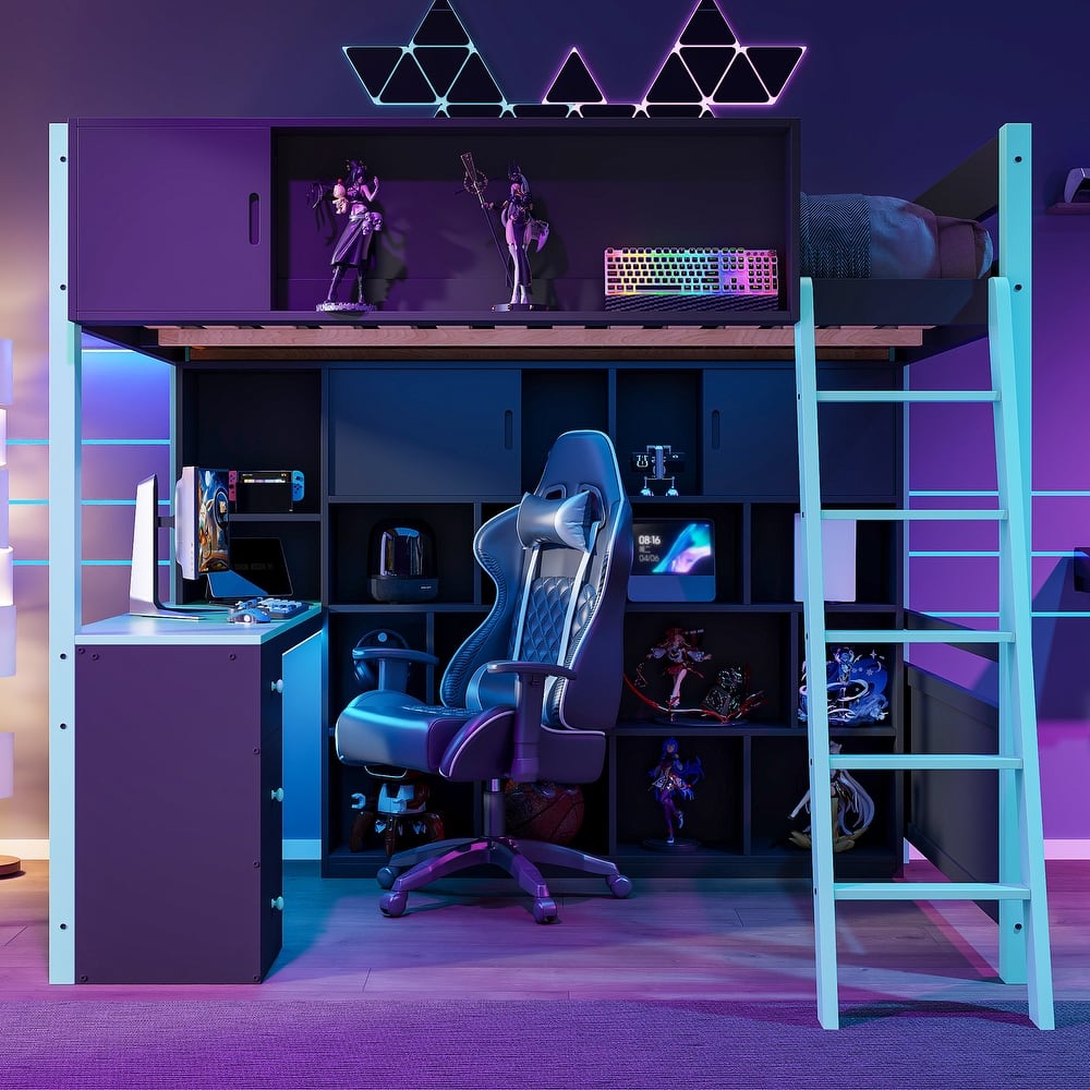 RGB Gaming Loft Bed with Desk, Light Strip, Display Wall, Storage Shelves, Sliding Access Door and Drawers, No Box Spring Needed