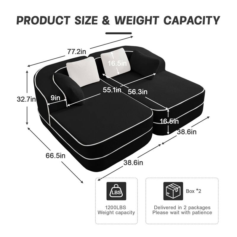 Roomfitters 77" Teddy Fabric Boneless Sofa, No Assembly Modular Couch with Double Chaises