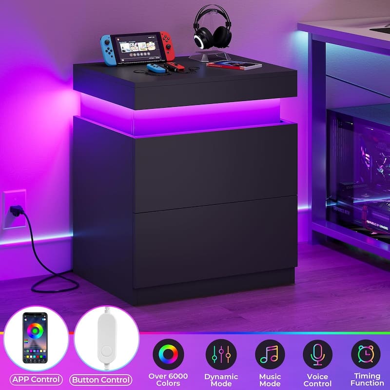 Bedroom Nightstand Charging Station LED Lights Sliding Top Drawers
