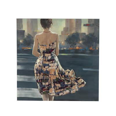 Canvas Woman Wall Art with 3D Multicolor Fabric Dress and Pink Necklace - Multi Colored - Roche River Decor