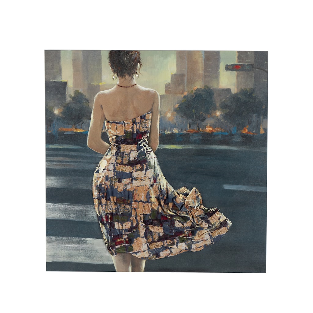 Canvas Woman Wall Art with 3D Multicolor Fabric Dress and Pink Necklace - Multi Colored - Roche River Decor
