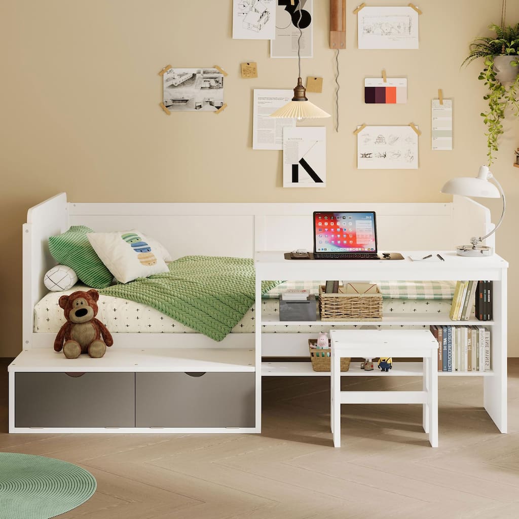 Multi-functional Wooden Daybed with Storage Shelves, Study Desk, Lockers, and Matching Stool