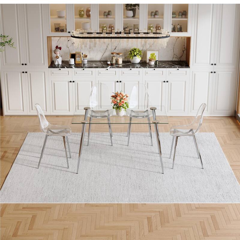 Modern Luxurious Rectangular Tempered Glass Dining Table Set- with 4 Transparent Plastic Dining Chair
