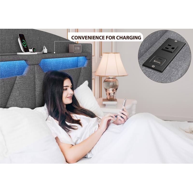 Modern Platform Bed with LED Lights and Storage Headboard