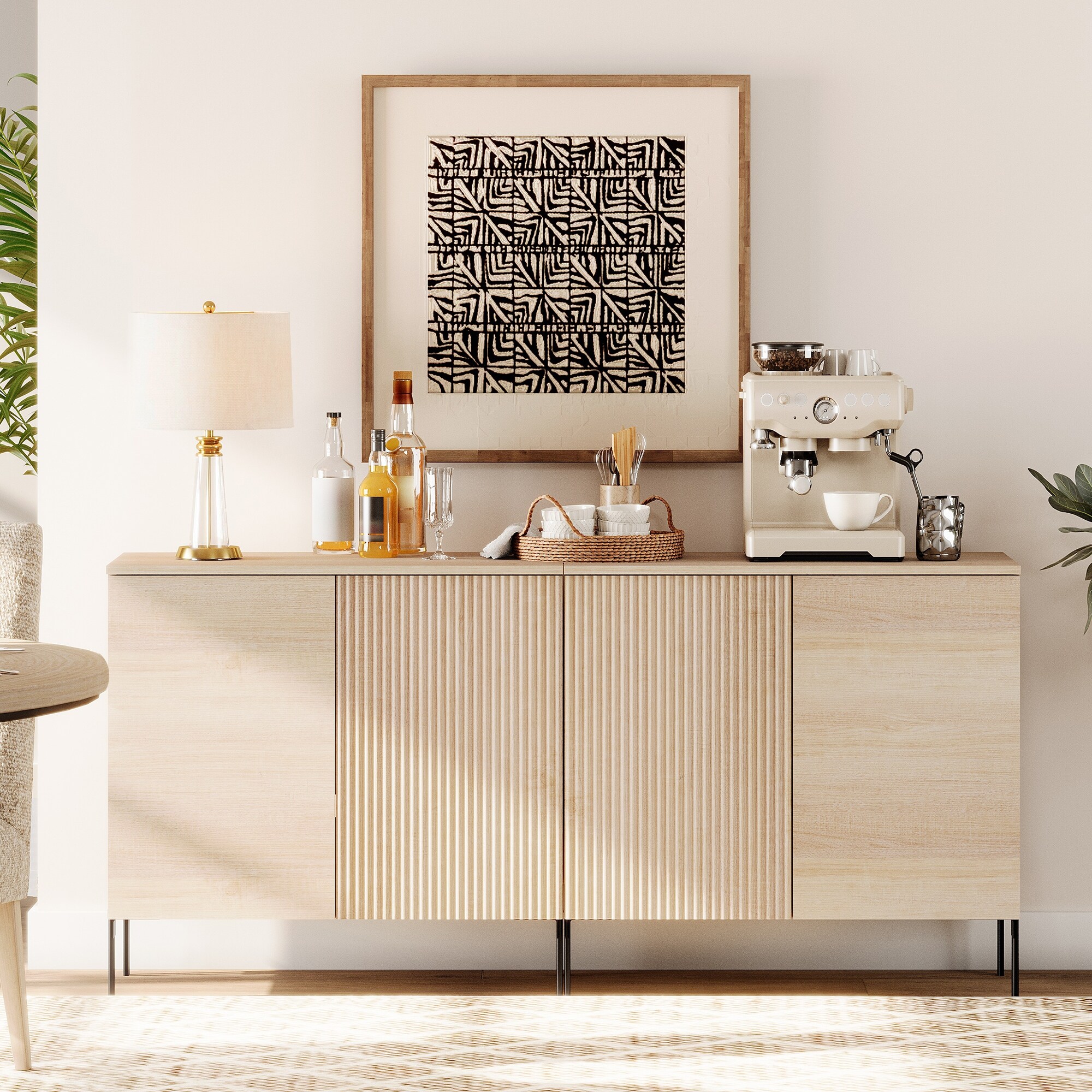 31.5" Wooden Reeded Sideboard With 2 Doors, Modern Credenza Storage Cabinet