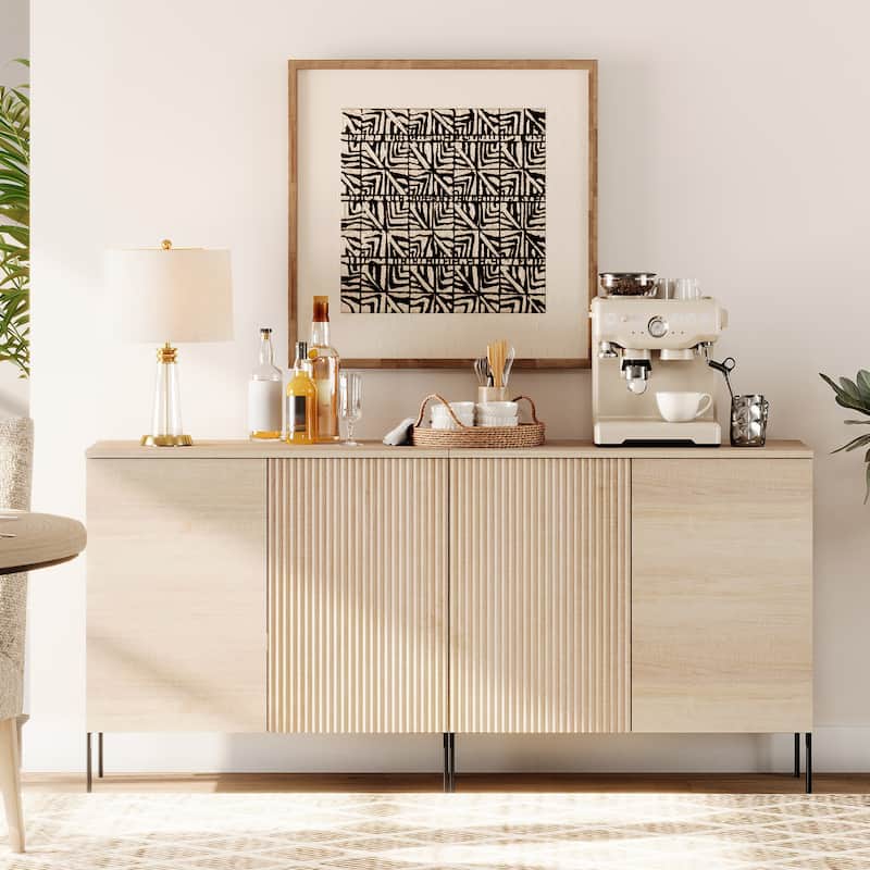31.5" Wooden Reeded Sideboard With 2 Doors, Modern Credenza Storage Cabinet - 2PCS - Beige
