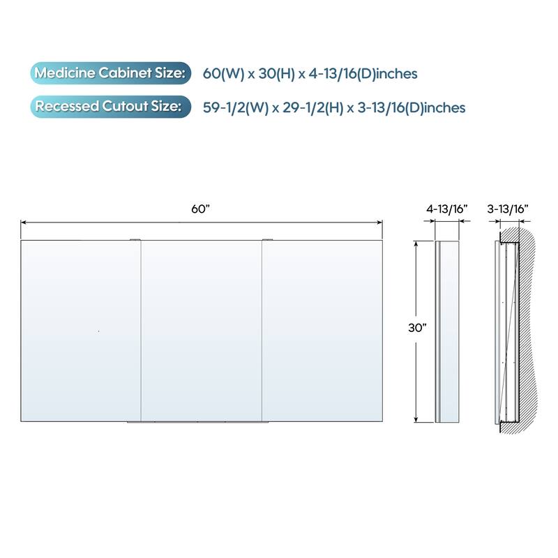 Recessed or Surface Wall Mount Bathroom Medicine Cabinet With Adjustable Glass Shelves