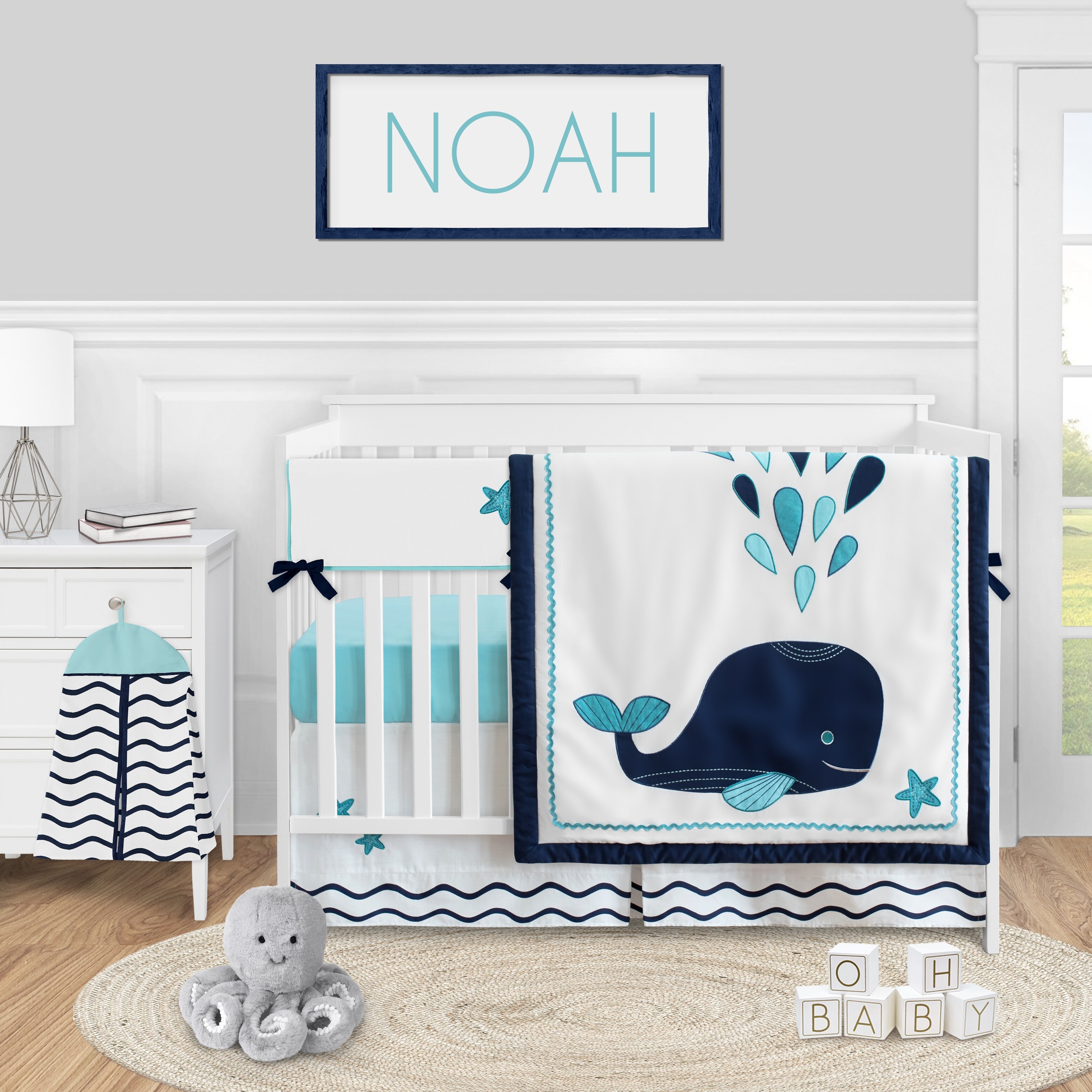 Blue Whale Collection Boy Or Girl 5 Piece Nursery Crib Bedding Set Navy Aqua And White Ocean Overstock 31290423