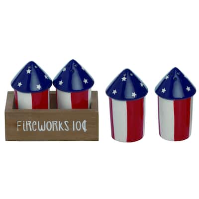 Transpac Dolomite 4.75 in. Patriotic Fireworks with Crate Salt and Pepper Shaker Set of 3