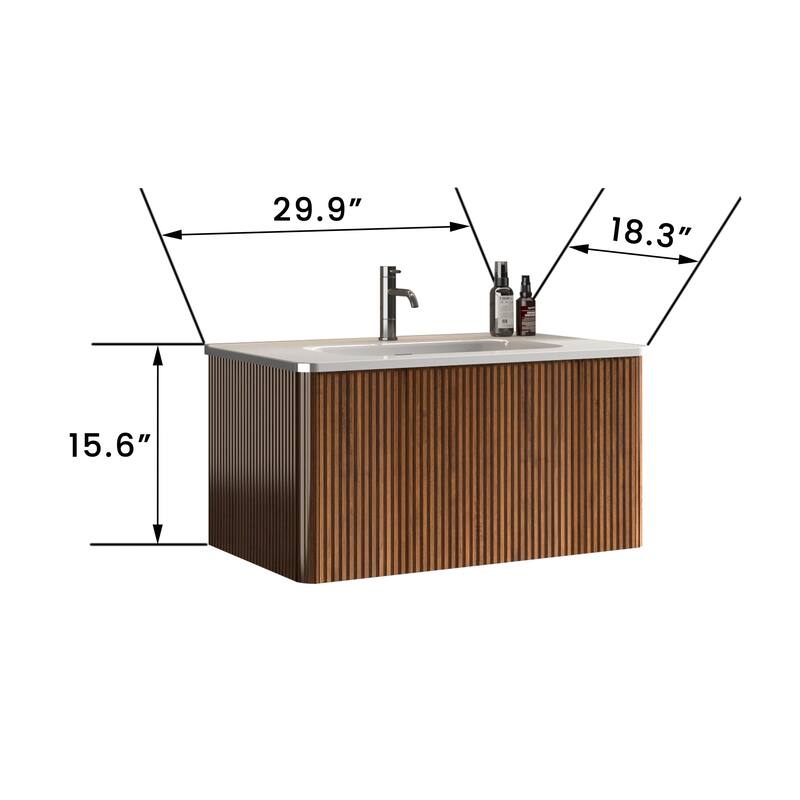 24 Inch Striped Walnut Bathroom Vanity with White Ceramic Sink,Wall Mounted Floating Bathroom Vanity for Modern Bathroom