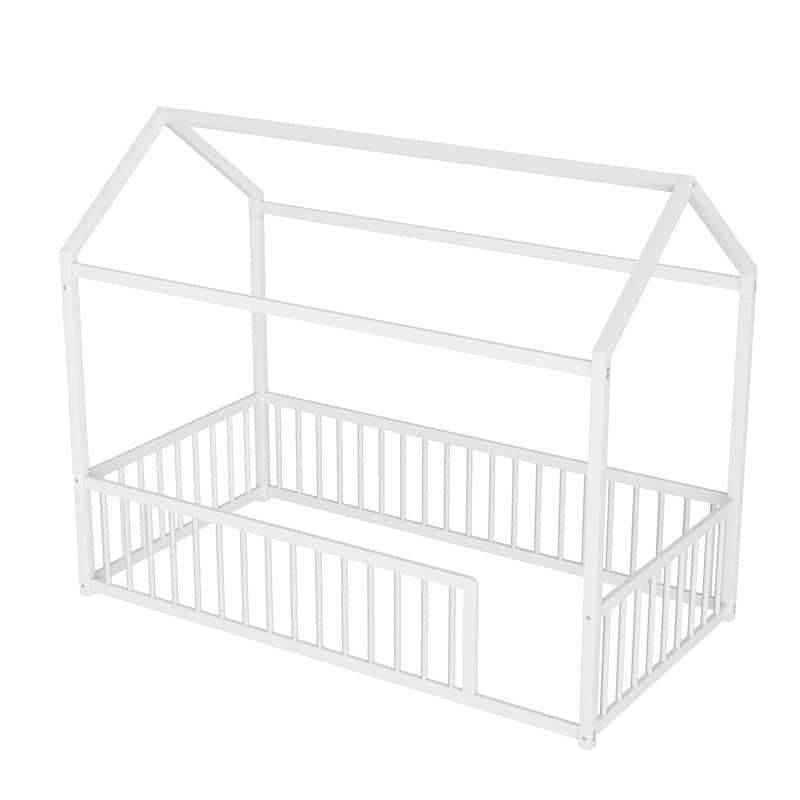 Montessori Metal House Bed with Low Entry & 3-Side Fence by Harper&Bright Designs