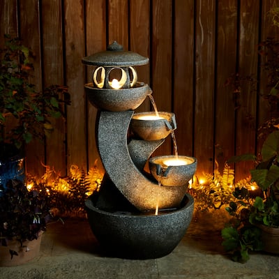 Glitzhome 32"H 4-Tiered Zen Pagoda Polyresin LED Lighted Outdoor Floor Water Fountain