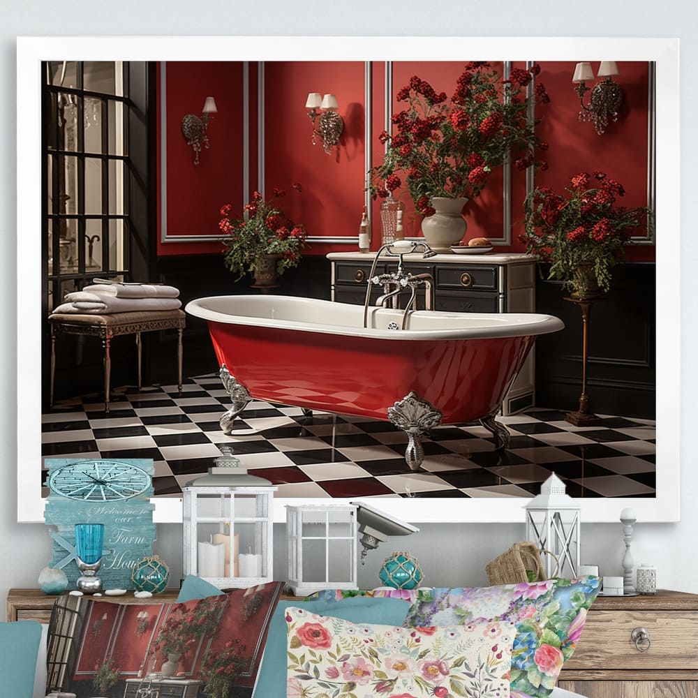 Designart "Red Modern Bathroom Charm IV" Bath & Laundry Framed Wall Art Prints