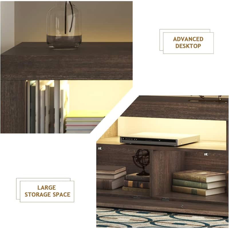 63" LED TV Stand with Drawers, Brown Wood Farmhouse Console for 40-75" TVs, Glossy Entertainment Center