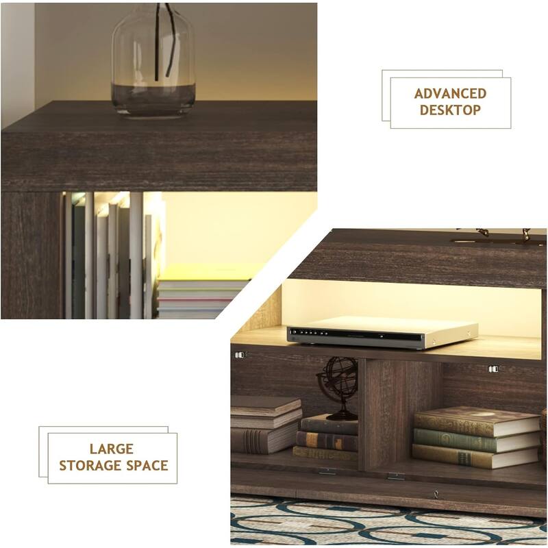 Country-Style LED TV Stand Glossy Entertainment Center with 2 Large Drawers and 3 Open Frames, for Living Room and Bedroom