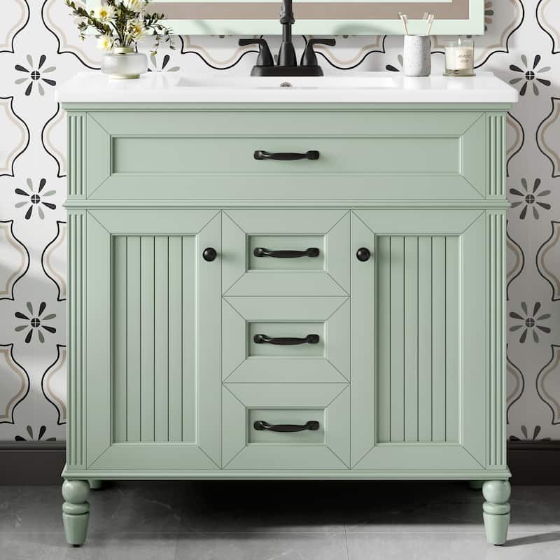 GDF Studio - Sunny Modern Solid Wood + MDF 36-Inch Bathroom Vanity with Ceramic Sink and Flip-Out Drawer