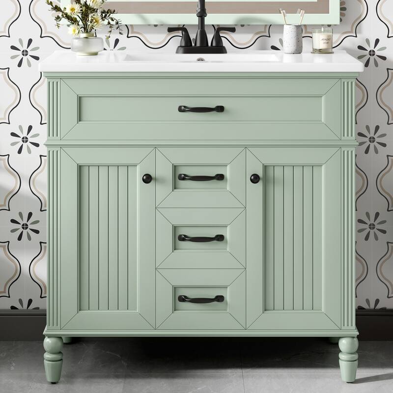 Roomfitters 36" Bathroom Vanity with Sink, Solid Wood Frame, Flip-Out Drawer & Soft-Close Doors - Green