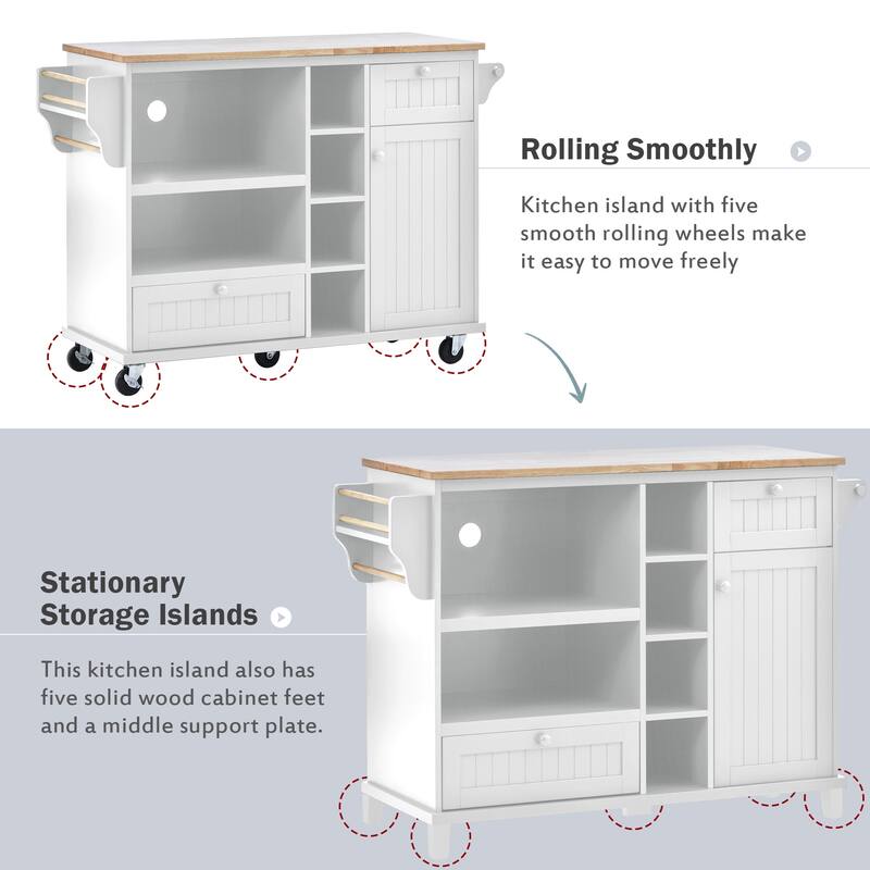 Kitchen Island with Solid Wood Desktop, Kitchen Island Cart on Locking Wheels, Rolling Island Cart with Cabinets & Drawers