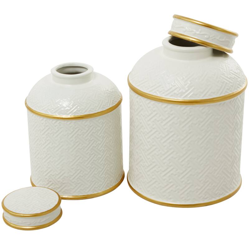 White Ceramic Living Room Decorative Jars with Gold Accents (Set of 2) - S/2 10", 8"H