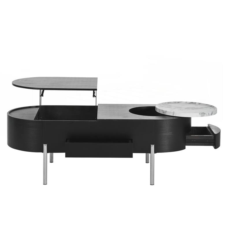 Lift Top Coffee Table with 360-degree Marble-patterned rotating tray
