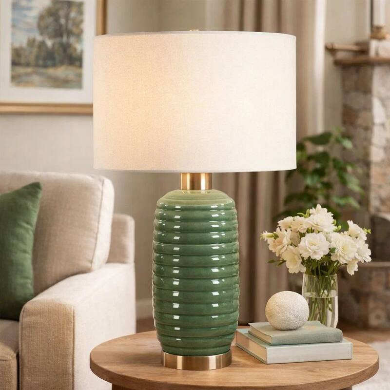 Table Lamp, Off White Linen Shade, 27 Inch Olive Green Ribbed Ceramic