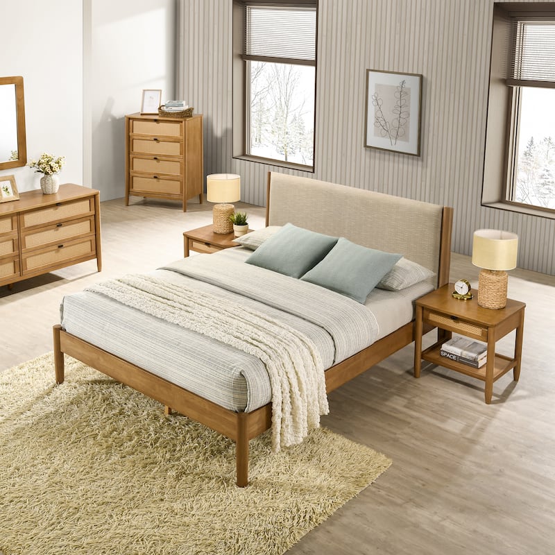 Roundhill Furniture Vichy 6-Piece Rattan Bedroom Set with Upholstered Bed, Dresser, Mirror, 2 Nightstands, and Chest
