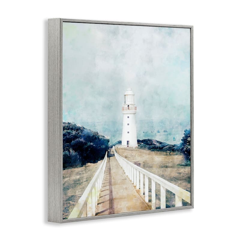 Stupell White Lighthouse Boardwalk Rocky Cliff Coastal Landscape Water Framed Wall Art - Blue