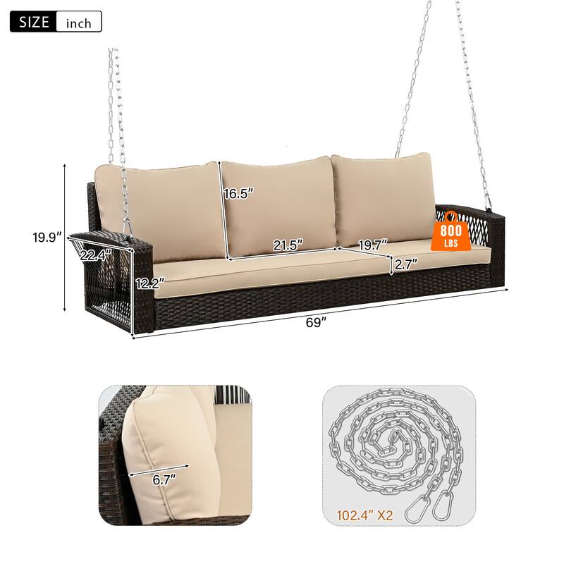 69" PE Wicker 3-Person Porch Swing - Large Outdoor Swing Bench with Cushions & Chains for Garden, Poolside & Patio