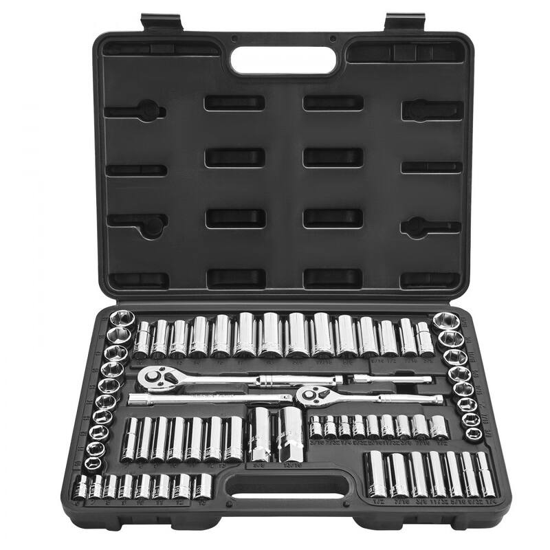69-Piece Socket Set with Ratchet 3/8 and 1/4 Drive CR-V Steel Chrome Plated Mechanics Tool Kit - 14.96 x 10.83 x 2.83 in