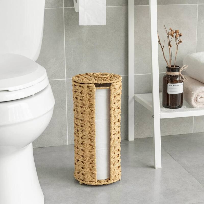 Freestanding Woven Toilet Paper Roll Holder with Lid for Bathroom, Power Room - 14.5'' H X 7'' W X 7'' D