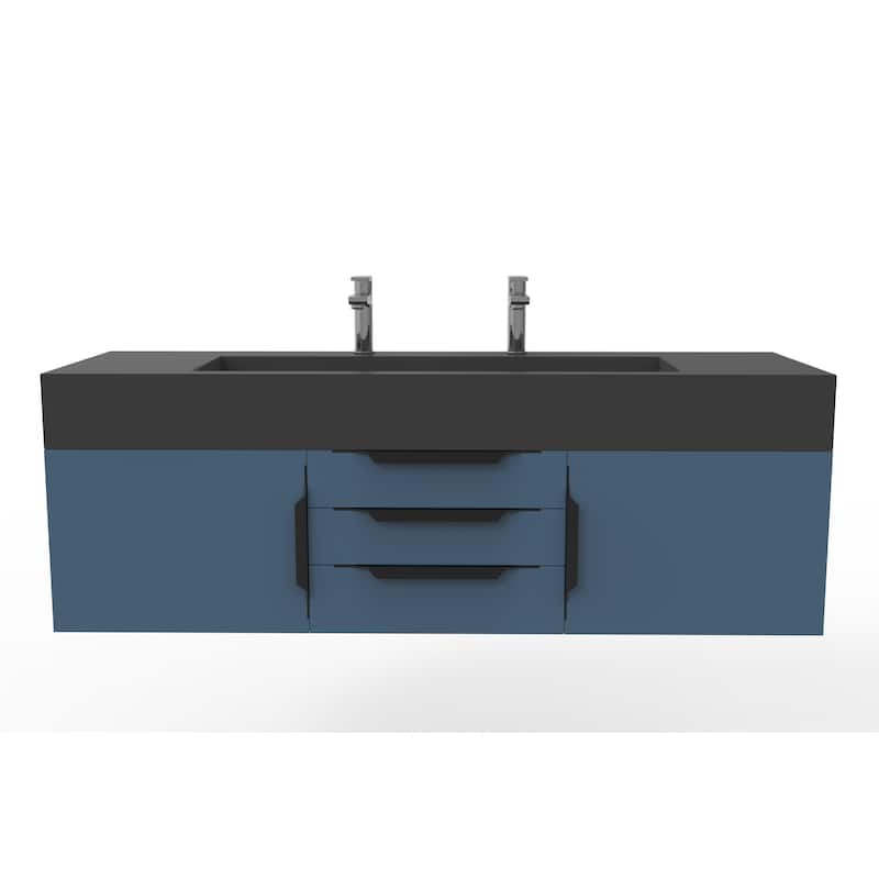 Nile 60" Wall Mounted Bathroom Vanity Set w/ Black Top - Blue - Matte