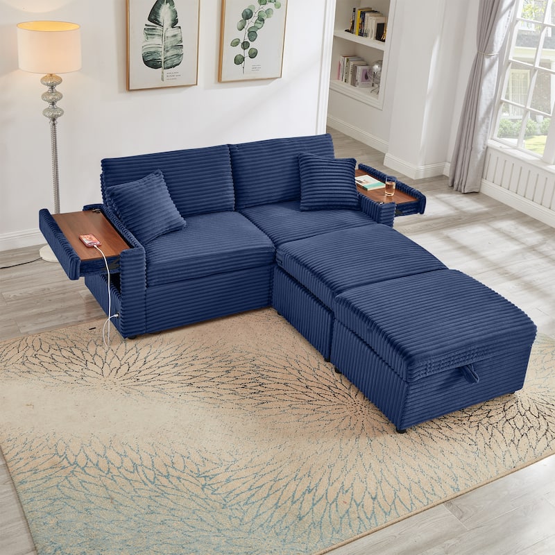 Modular Chaise Sleeper Sofa Bed, Corduroy Loveseat Couch & Storage Ottomans Set with Folding Table Boards and USB Ports