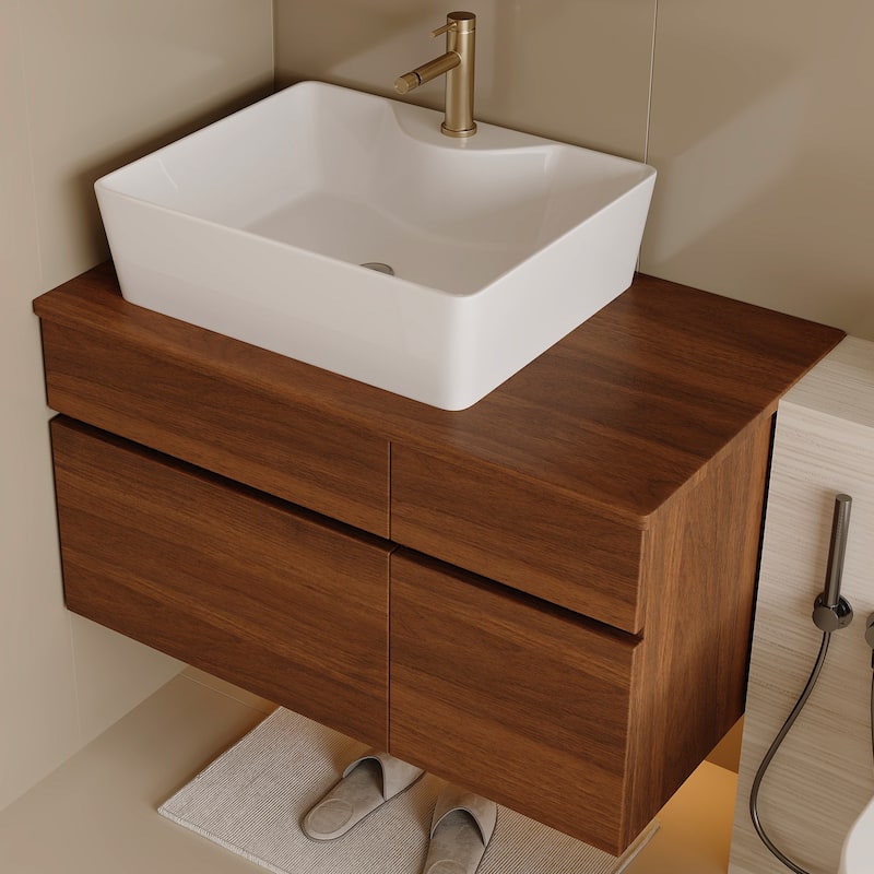 Floating Single Small Bathroom Vanity with Integrated Vessel Ceramic Sink and Multi-layer Storage Solid Wood Cabinet