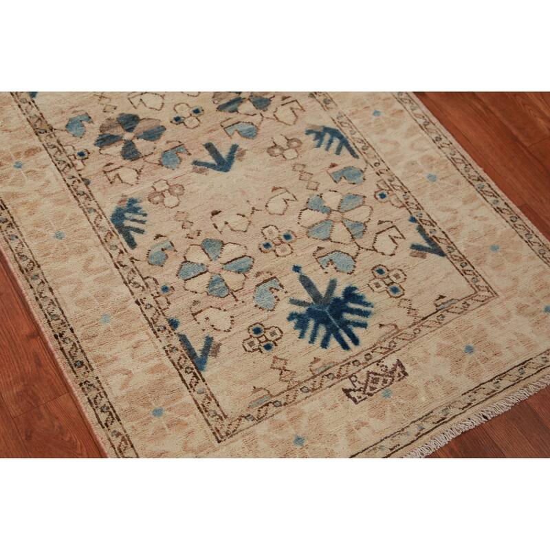 Hand Knotted Oriental 100% Wool Carpet Transitional All-Over Beige & Ivories Oushak Runner Rug - 9' 9'' X 2' 8''