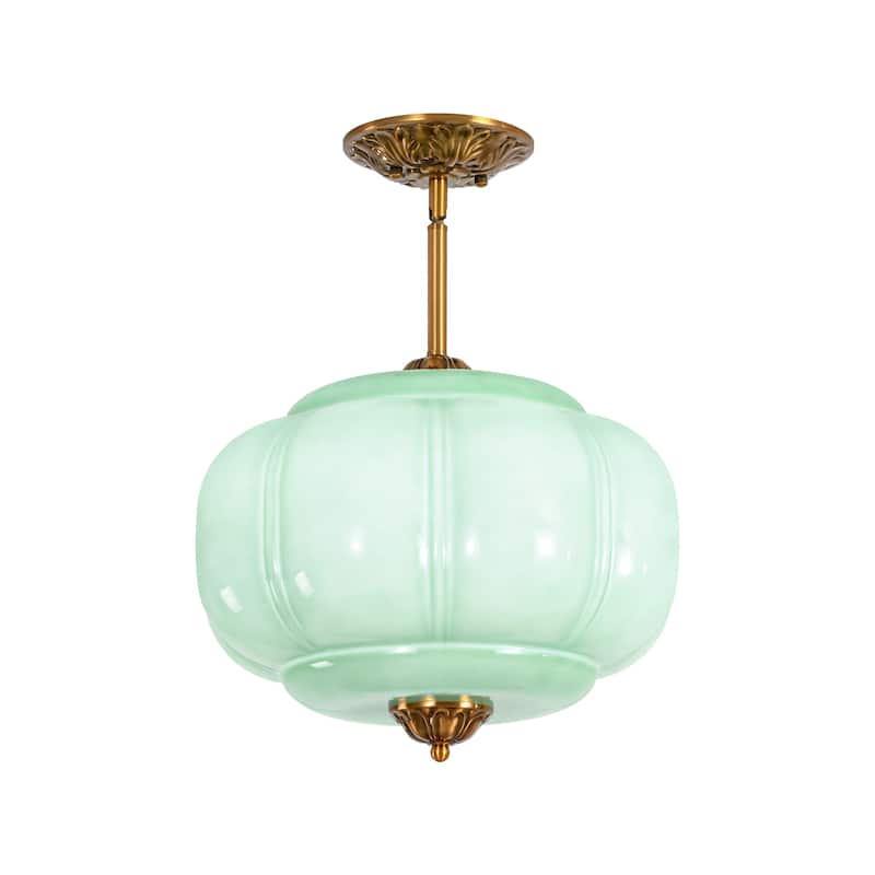 1-Light Retro Antique Brass Pumpkin Shaped Flush Mount Ceiling Light/Pendant Light with Milk/Green Glass for Kitchen,Dining Room