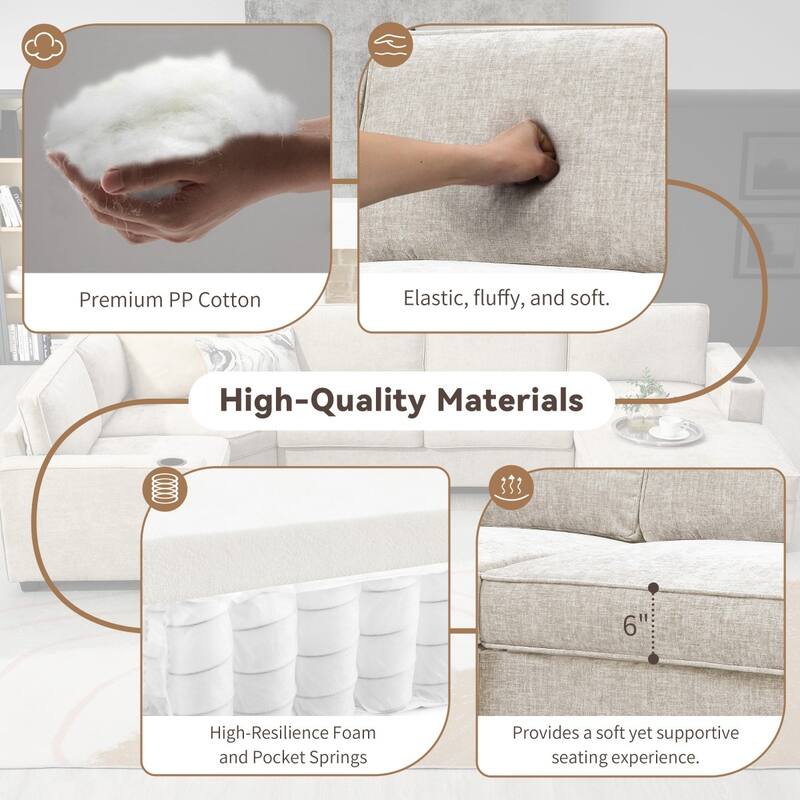 119" U-Shaped Chenille Sectional Sofa with Chaise and Cup Holders