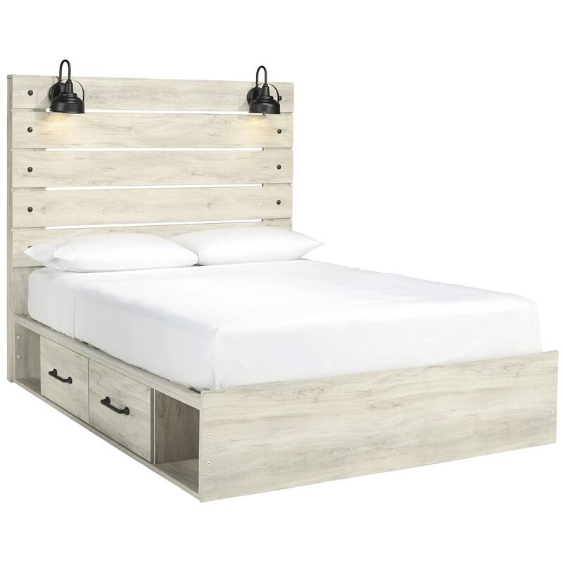 Cemy Rustic King Panel Bed, 2 Sconce Lights and Drawers, Whitewash