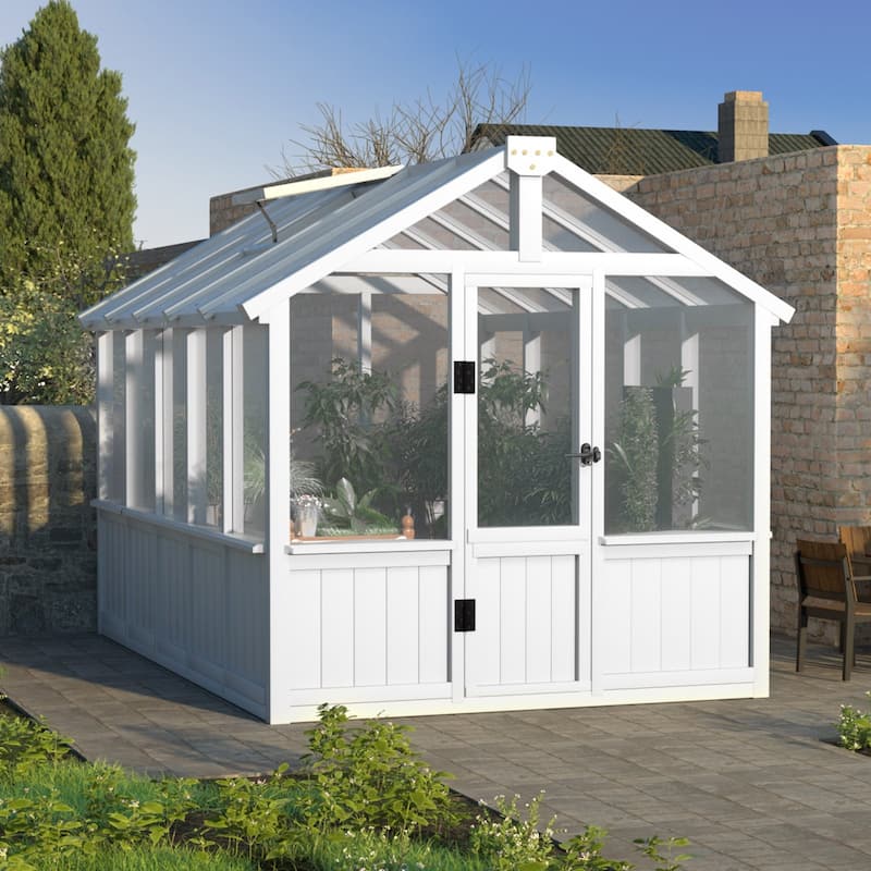 VEIKOUS Cedar Wood Frame Greenhouse with Polycarbonate Panels, Outdoor Walk-in Greenhouse with Adjustable Ventilation, White