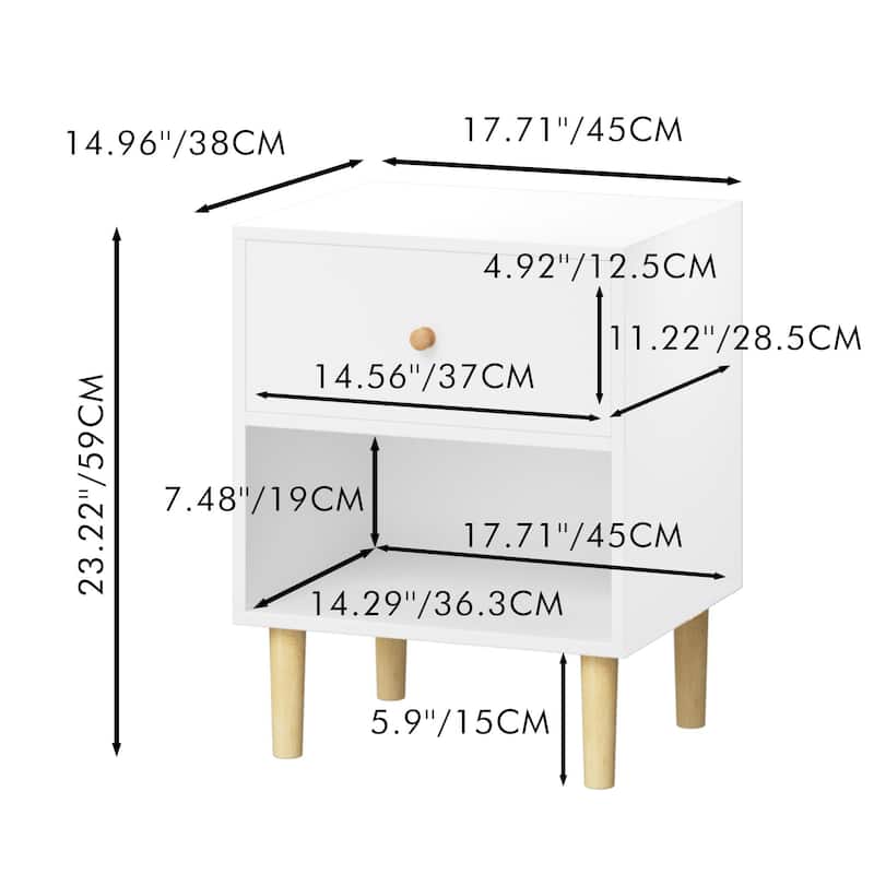 Anmytek White 23.22''H Wooden Nightstand with Drawer and Open Shelf Pine Legs
