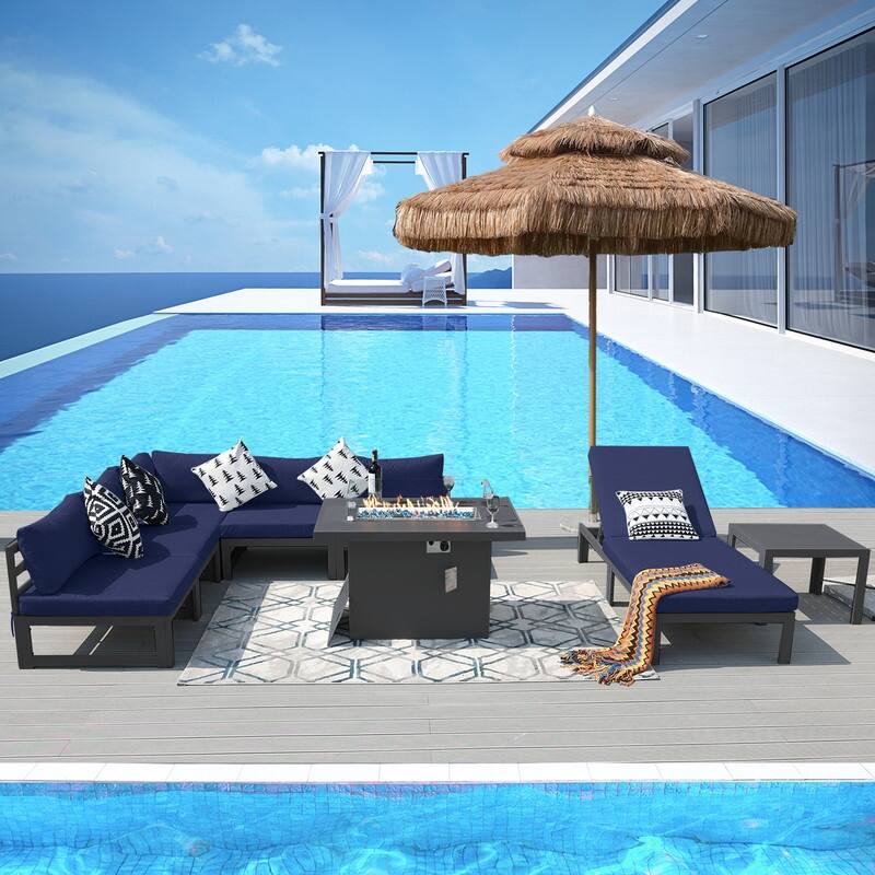 FINCATI Aluminum Outdoor Patio Furniture Conversation Sectional Sofa Set - 8 Pieces - Navy Blue