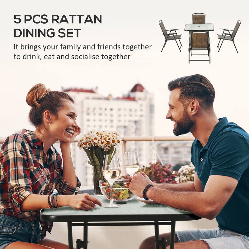 5 Piece Patio Dining Set, Outdoor Furniture Set with 4 Wicker Folding Chairs and Square Glass Top Table with Umbrella Hole