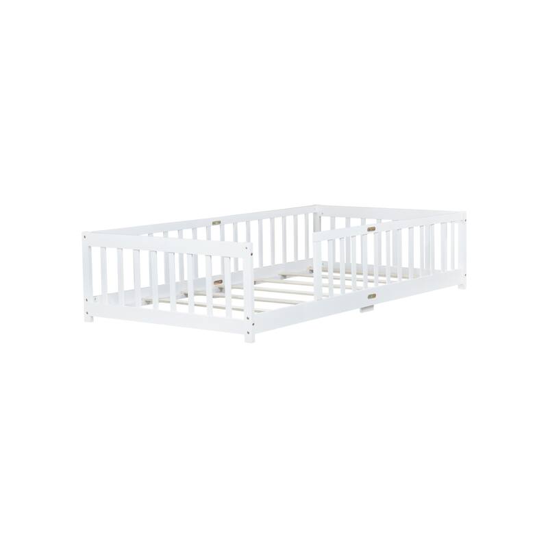 Roomfitters Twin Rubber Wood Floor Bed with Fence, Safety Guardrails, Low Profile Platform Design
