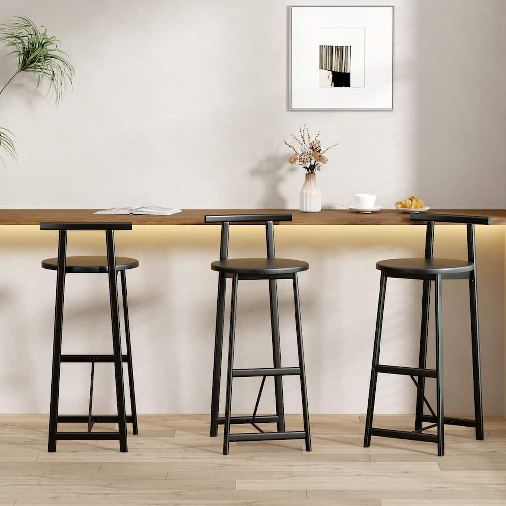 27''H Barstool Set Of 3 Wooden Round Bar Stools With Footrest Modern Kitchen Chairs